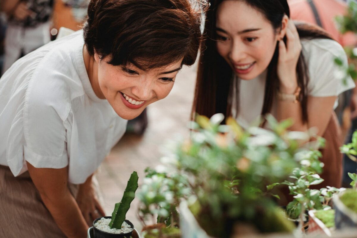 Two women inspecting plants in a nursery