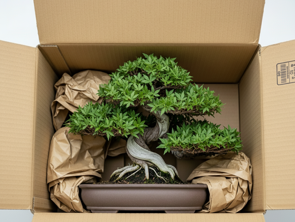 Bonsai tree in a shipping box