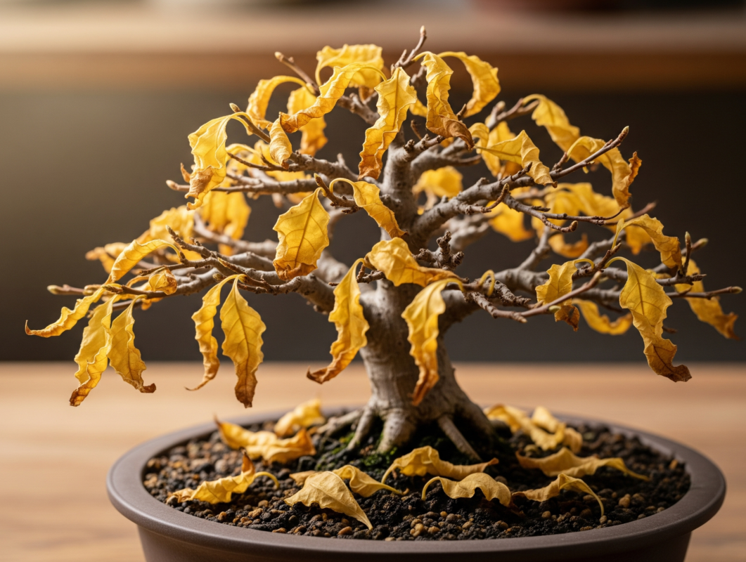 Bonsai tree with yellow, dying leaves