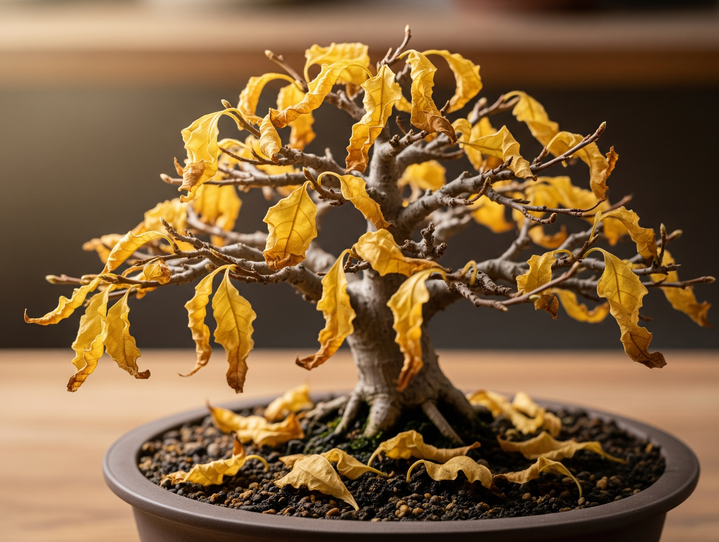 Bonsai tree with yellow, dying leaves